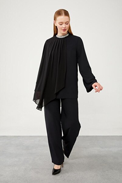 Levidor Chiffon Tulle Black Necklace Trousers Set