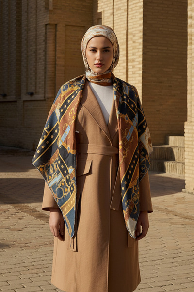 ED Scarf Kemer Desen Yün İpek Omuz Şal - Lacivert