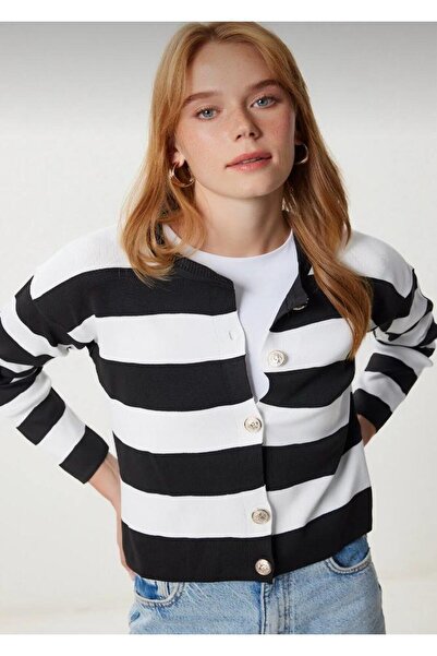 hedef giyim Striped Buttoned Crew Neck Knit Cardigan