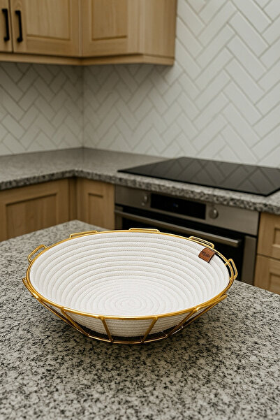 Ahlat Store Gold Oval Cornered Bread Basket Stylish, Bread Bowl Wicker Knitted Macrame, Dowry - Multi-Purpose Metal Stainless