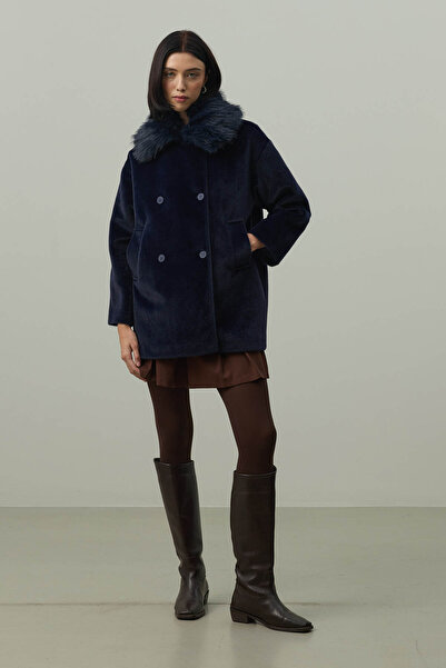 Fahhar Detachable Fur Bomber Jacket Navy Blue