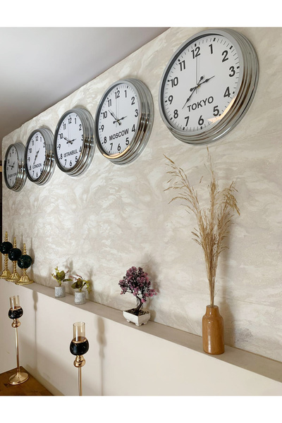Kasva Concept Ülke Saatleri Klasik Duvar Saati 40 cm Krom Metal 5’li Seti