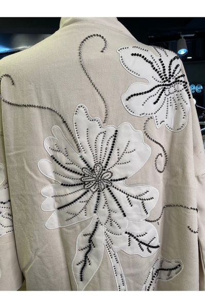 Dadali Women's Embroidered Detailed Stone-Embellished Long Sleeve Cotton Kimono