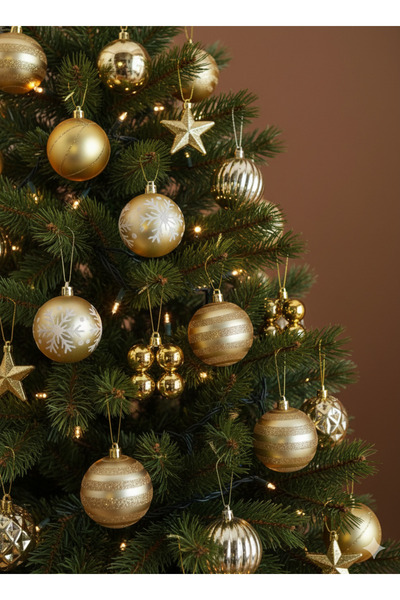 DODOMAR Set de 42 bucăți de ornamente pentru pom de Crăciun - Set de ornamente de lux pentru pom de Crăciun de culoare aurie (cutie specială din PVC Kraft)
