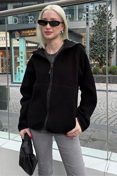 Madmext Black Zippered Hooded Fleece Women's Jacket Mg2569