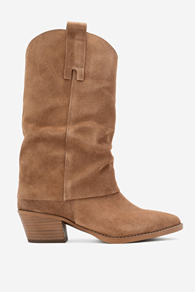 Dericlub Women's Wide Cut Short Heeled Boots Real Leather Rg 3019 Tütün