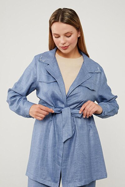 Levidor Baby Blue Jacket Set with Stone Embroidered Collar