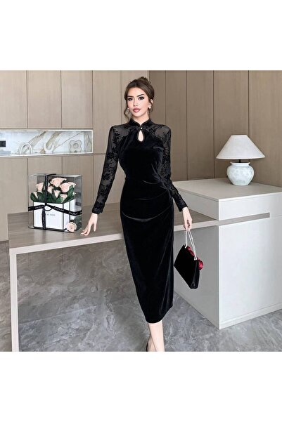 Larenmoda Dantel detaylı kadife midi elbise