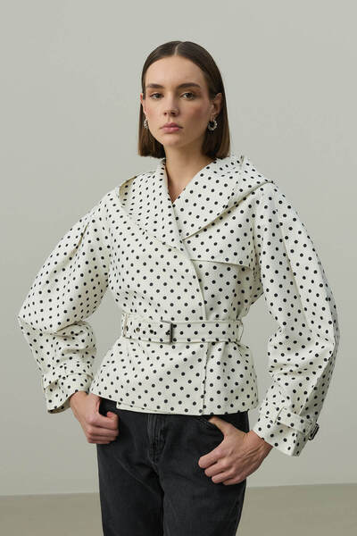 Fahhar Hooded Polka Dot Trench Coat Ecru