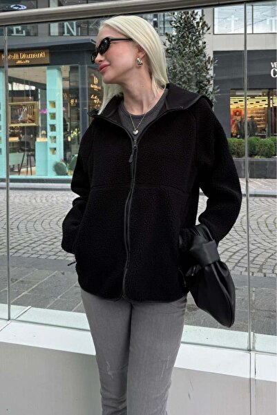 Madmext Black Zippered Hooded Fleece Women's Jacket Mg2569