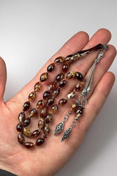 TESBİHKENTİ Double Tassel Marbled Brown Powder Amber Prayer Beads
