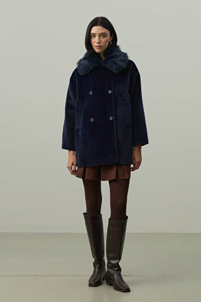 Fahhar Detachable Fur Bomber Jacket Navy Blue