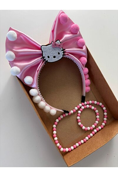 Hello Kitty Taç Kolye Bileklik Pembe Beyaz Set