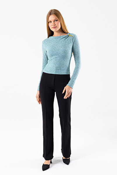 GİYSA Women's Asymmetrical Collar Shoulder Accessory Detailed Bodysuit Green - 26100