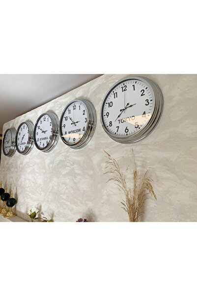 Butik Saat Ülke Saatleri Klasik 36 cm Krom Metal 5’li Seti