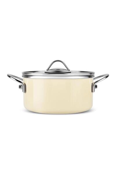 GİZEM Enameled 20 cm Deep Pot with Chrome Wire Handles Antique Cream 3 Liters