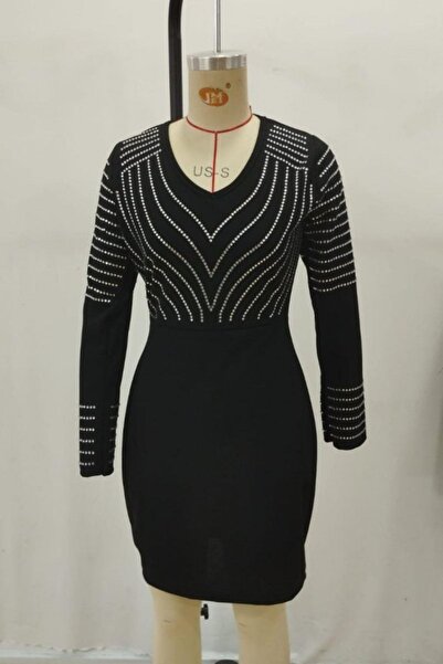 Mossta V-Neck Stone Detailed Above-Knee Imported Crepe Dress - Black