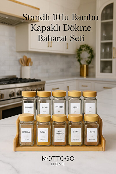 Mottogo 10-Piece Glass Spice Set with Bamboo Lids – 120 ml | With Ladder Stand