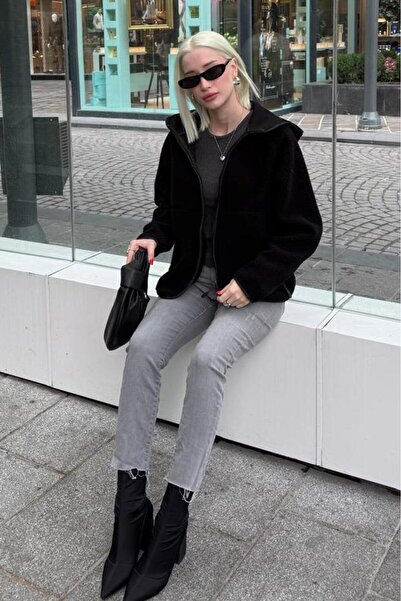 Madmext Black Zippered Hooded Fleece Women's Jacket Mg2569