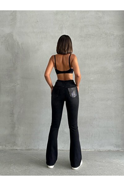 ADAMODA.RO Elastic flared jeans decorated with rhinestones on the back