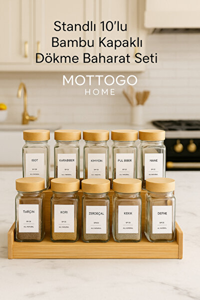 Mottogo 10-Piece Glass Spice Set with Bamboo Lids – 120 ml | With Ladder Stand