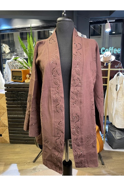 Dadali Women's Embroidery Detailed Stone Embroidered Long Sleeve Cotton Kimono Jacket