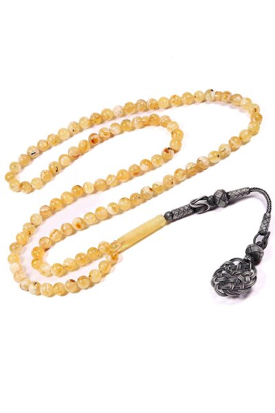 TESBİHKENTİ Şems Model Silver Kazazlı 99-Piece Rock Drop Amber Prayer Beads
