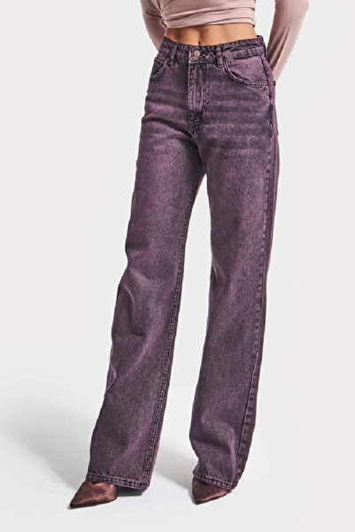 it's basic Kadın Taşlanmış Bordo Renk Straingt Fit Yüksek Bel %100 Koton Denim Jean