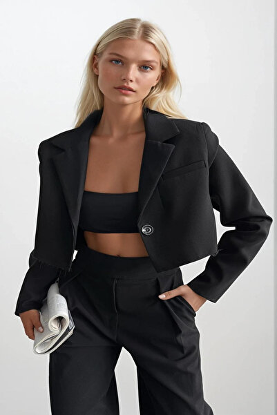 Black Fashion Crop Basic Blazer Black Jacket