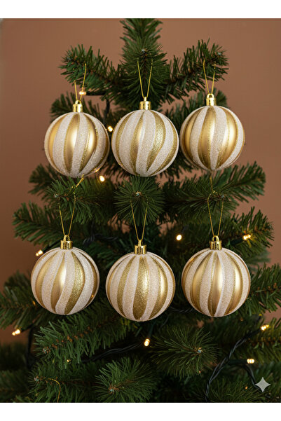 DODOMAR 6 قطع من زينة شجرة عيد الميلاد على شكل كرة (6 سم) - ذهبي لامع مع خطوط...