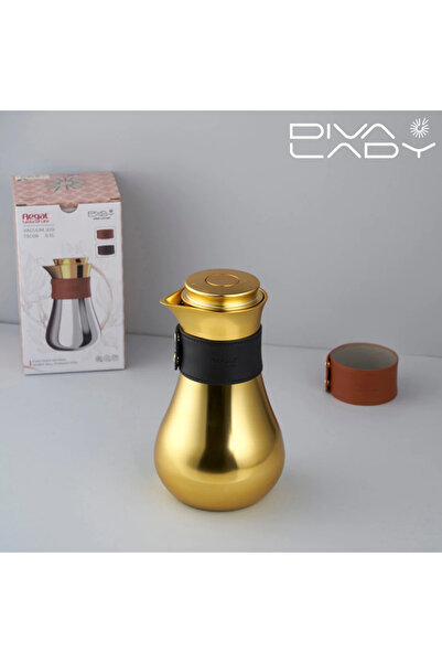 DIVA LADY ✨ ترمس ديفا ليدي الفاخر – ستانلس ستيل ذهبي بإطار جلدي أنيق وداخل ست...