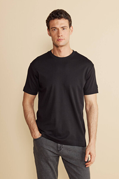 BROOKS BROTHERS Erkek Siyah %100 Pamuk Bisiklet Yaka Kolu Patch Logolu Tişört