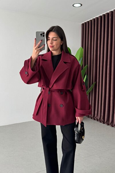 solena sln Women's New Season Premium Quality Trend Belted Short Cashmere Coat