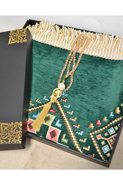 Bilenler Hediyelik Seccade Tesbih Seti– Kilim Desenli Kadife Astarlı Seccade,...