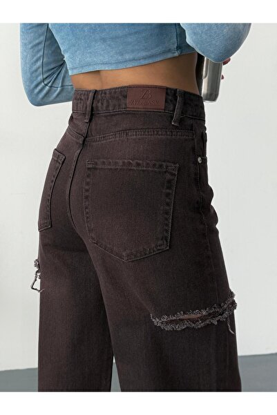Zeo Basic Women's Brown Distressed Baggy Jeans High Waist Denim Pants with Laser Detailing on the Sides