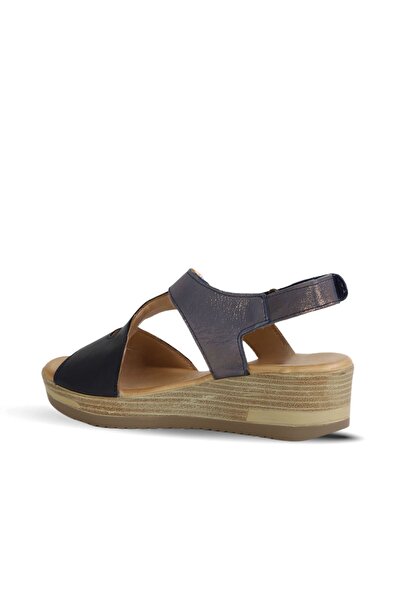 BUENO Shoes Lacivert Deri Kadın Dolgu Topuklu Sandalet 01wl3306