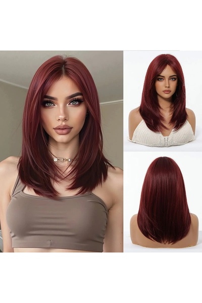 animis beauty Περούκα μπορντό, συνθετική ίνα με όψη, μεσαίου μήκους ίσια μαλλιά, με ημι-φράντζα, 40 εκ.