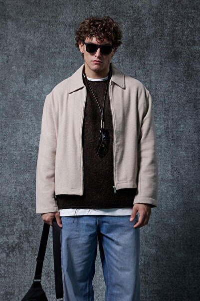 ablukaonline Ανδρικό μπουφάν με φερμουάρ oversized λεπτό μπεζ