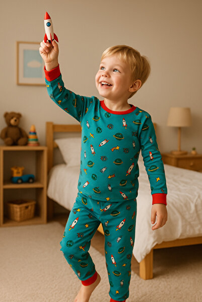 Moni Boy's Stretch Fabric Combed Cotton Quality Space Printed Pajama Set