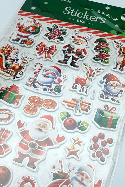 Bimotif Yılbaşı yeşil kabartmalı eva sticker, 21x25 cm Noel Baba ve Geyik