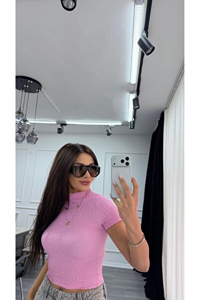 Daves Pink Knitted Fabric Stretchy Short Sleeve Crop