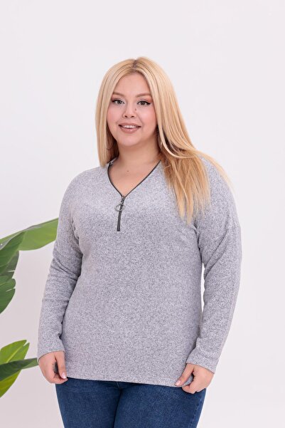 Siyezen Plus Size Zipper Detailed Sweater