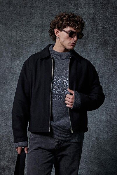 ablukaonline Men's Oversized Slim Zipper Jacket Black