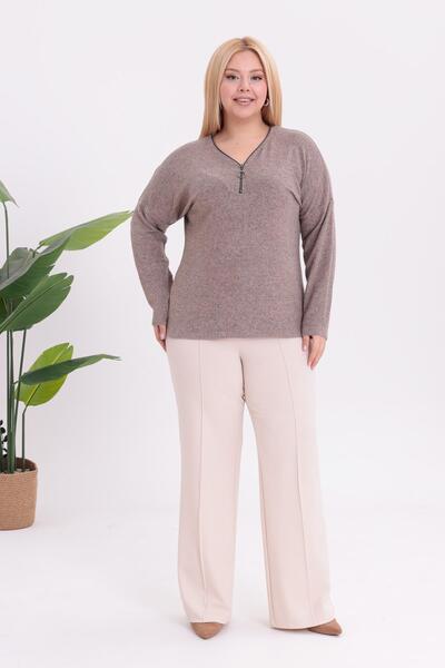 Siyezen Plus Size Zipper Detailed Sweater