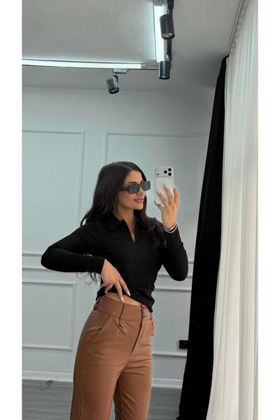 Daves Black Polo Neck Half Zipper Stretchy Blouse