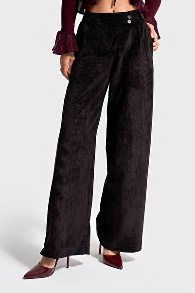 its basic Women's Black Color W5-1 Palazzo Fit Belt Detailed Thick Corded Fabric Velvet Velvet Fabric Trousers