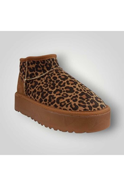 iskarpino Women's Tan Zebra Patterned Suede Short Ankle Thick Sole Fur Lined Boots