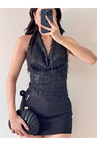 eBaa fashıon Bluză neagră pentru femei cu paiete decolteu larg