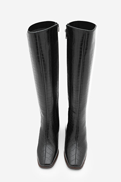 Marjin Women's Blunt Toe Zippered Thick Heeled Boots Lusso Black Croco