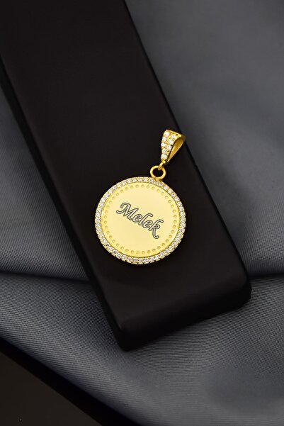 Flamingo 925 Ayar Gümüş Gold Kaplama Isimli Zirkon Taşlı Yuvarlak Plaka Kolye...